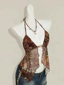 SHEIN ICON Women's Vacation Floral Print Halter Neck Tank Top With Sexy Slit Design Beach Vacation Brown Summer - Brown - View 10