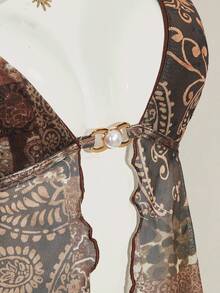 SHEIN ICON Women's Vacation Floral Print Halter Neck Tank Top With Sexy Slit Design Beach Vacation Brown Summer - Brown - View 11
