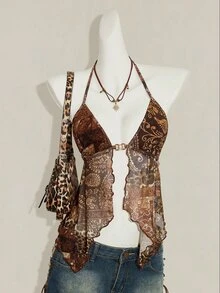 SHEIN ICON Women's Vacation Floral Print Halter Neck Tank Top With Sexy Slit Design Beach Vacation Brown Summer - Brown - View 5