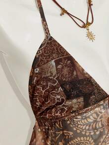 SHEIN ICON Women's Vacation Floral Print Halter Neck Tank Top With Sexy Slit Design Beach Vacation Brown Summer - Brown - View 13