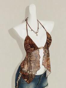 SHEIN ICON Women's Vacation Floral Print Halter Neck Tank Top With Sexy Slit Design Beach Vacation Brown Summer - Brown - View 9