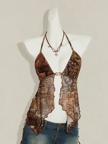 SHEIN ICON Women's Vacation Floral Print Halter Neck Tank Top With Sexy Slit Design Beach Vacation Brown Summer - Brown - View 4
