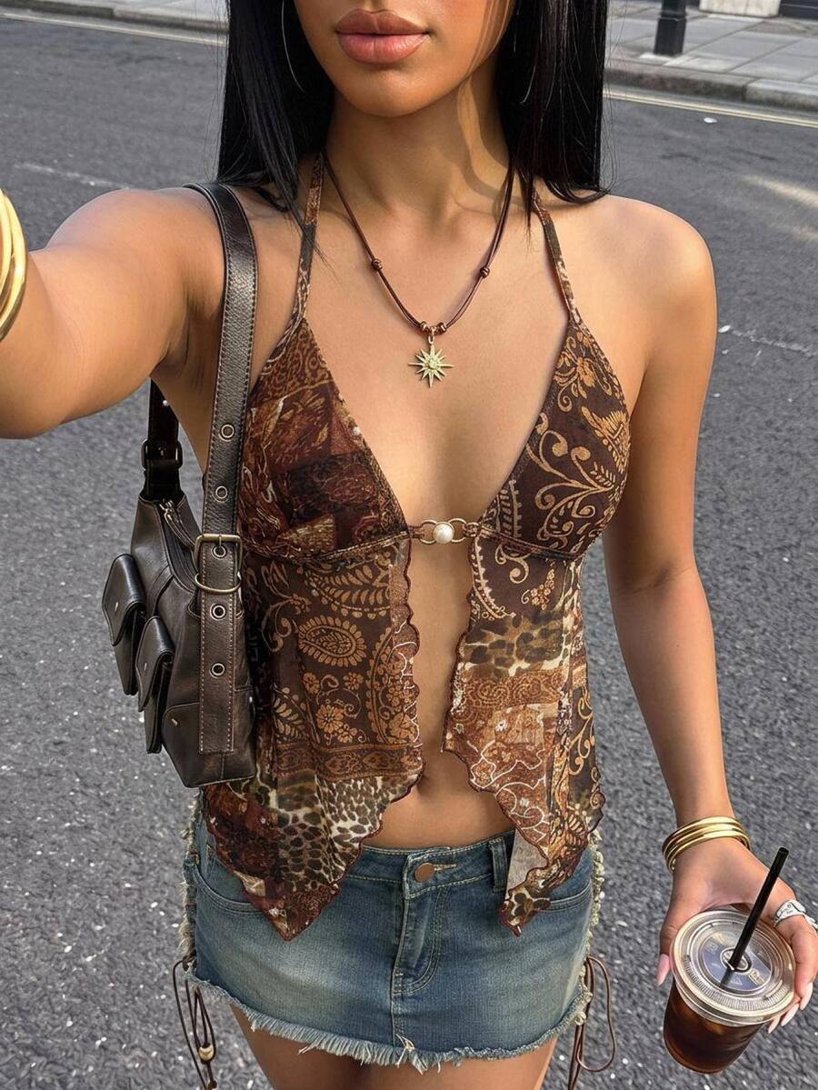 SHEIN ICON Women's Vacation Floral Print Halter Neck Tank Top With Sexy Slit Design Beach Vacation Brown Summer - Brown - View 1
