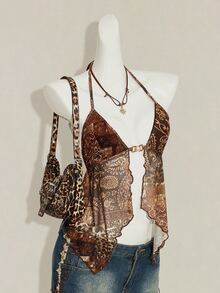 SHEIN ICON Women's Vacation Floral Print Halter Neck Tank Top With Sexy Slit Design Beach Vacation Brown Summer - Brown - View 7