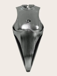 SHEIN ICON Mock Neck Asymmetrical Hem Metallic Bodysuit - Silver - View 10