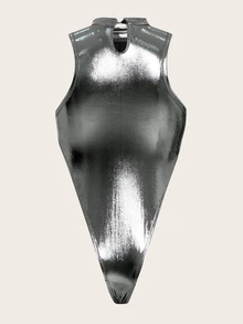 SHEIN ICON Mock Neck Asymmetrical Hem Metallic Bodysuit - Silver - View 7