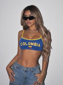 SHEIN ICON 女款字母印花拼接配色休閒百搭日常細肩帶背心上衣 - 藍色 - 查看 1