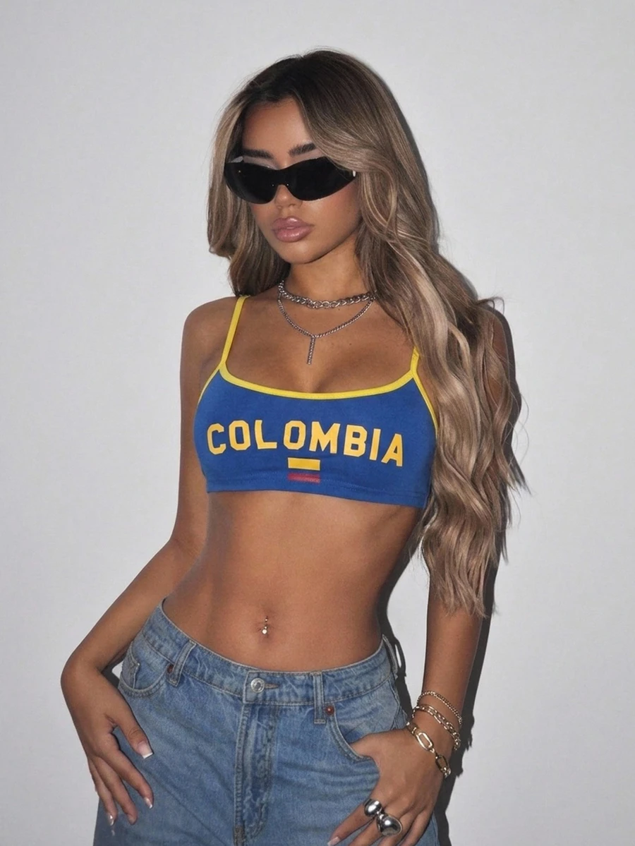 SHEIN ICON 女款字母印花拼接配色休閒百搭日常細肩帶背心上衣 - 藍色 - 查看 1