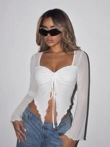 SHEIN ICON Y2k Cute Front Drawstring Sweetheart Sheer T-Shirt Festival Fall Outfits - White - View 1