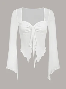 SHEIN ICON Y2k Cute Front Drawstring Sweetheart Sheer T-Shirt Festival Fall Outfits - White - View 6