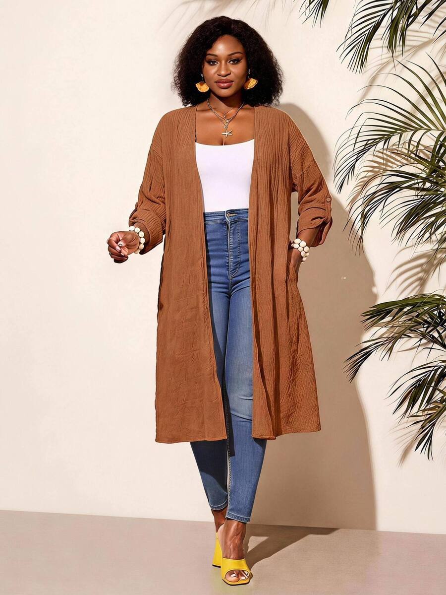 BrightlyHer Plus Size Solid Color Long Vacation Casual Outerwear Autumn Formal Brown - Rust Brown - View 1
