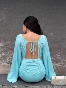 Siren Gaze Gaun Mini Wanita Tanpa Punggung Warna Polos Seksi Elegan untuk Pesta Disko, Kencan, Klub Malam, Warna Biru Tosca, Musim Gugur - Mint Blue - View 9