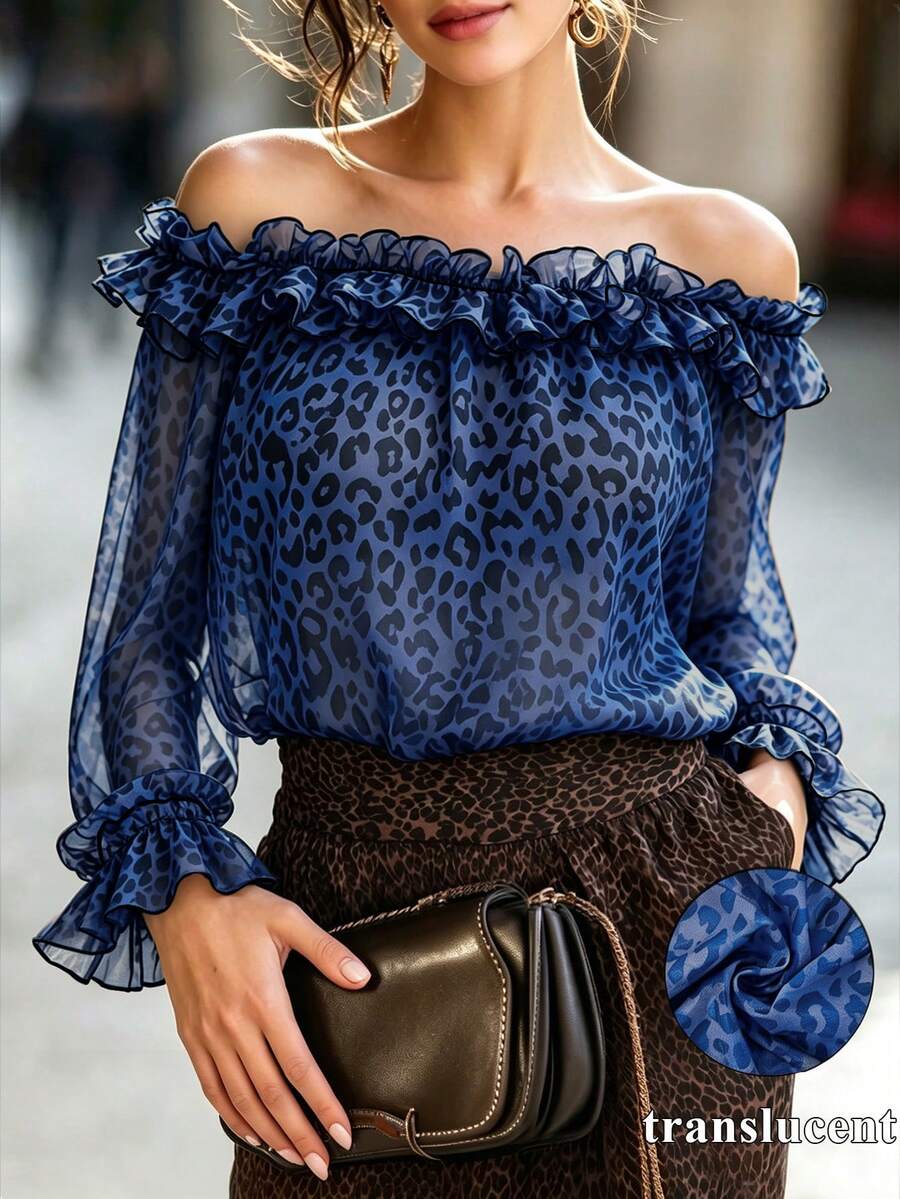 SHEIN LUNE Women's Off-Shoulder Leopard Print Chic Romantic Ruffle Puff ...