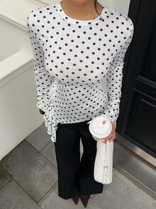 Siren Gaze Women's New Autumn/Winter Polka Dot Slim Fit Base Layer T-Shirt Brunch White And Black Polka Dot Elegant - White - View 3