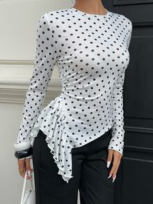 Siren Gaze Women's New Autumn/Winter Polka Dot Slim Fit Base Layer T-Shirt Brunch White And Black Polka Dot Elegant - White - View 5