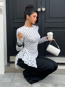 Siren Gaze Women's New Autumn/Winter Polka Dot Slim Fit Base Layer T-Shirt Brunch White And Black Polka Dot Elegant - White - View 6