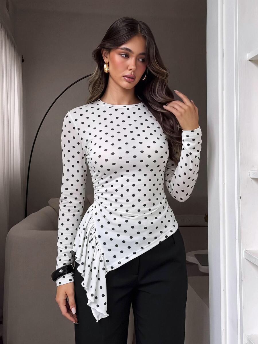 Siren Gaze Women's New Autumn/Winter Polka Dot Slim Fit Base Layer T-Shirt Brunch White And Black Polka Dot Elegant - White - View 1