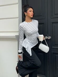 Siren Gaze Women's New Autumn/Winter Polka Dot Slim Fit Base Layer T-Shirt Brunch White And Black Polka Dot Elegant - White - View 7