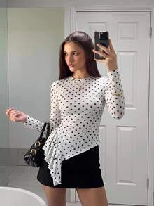 Siren Gaze Women's New Autumn/Winter Polka Dot Slim Fit Base Layer T-Shirt Brunch White And Black Polka Dot Elegant - White - View 10