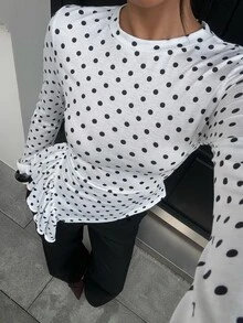 Siren Gaze Women's New Autumn/Winter Polka Dot Slim Fit Base Layer T-Shirt Brunch White And Black Polka Dot Elegant - White - View 8