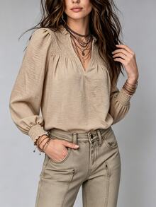 SHEIN Khaki Ruffle Shirred Lace Patchwork Lantern Long Sleeve Casual Boho Blouse For Women, Autumn Vacation - Khaki - View 3