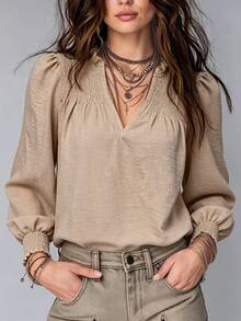 SHEIN Khaki Ruffle Shirred Lace Patchwork Lantern Long Sleeve Casual Boho Blouse For Women, Autumn Vacation - Khaki - View 5