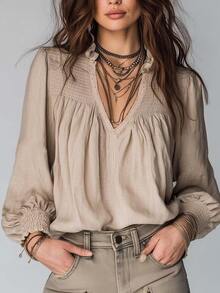 SHEIN Khaki Ruffle Shirred Lace Patchwork Lantern Long Sleeve Casual Boho Blouse For Women, Autumn Vacation - Khaki - View 1