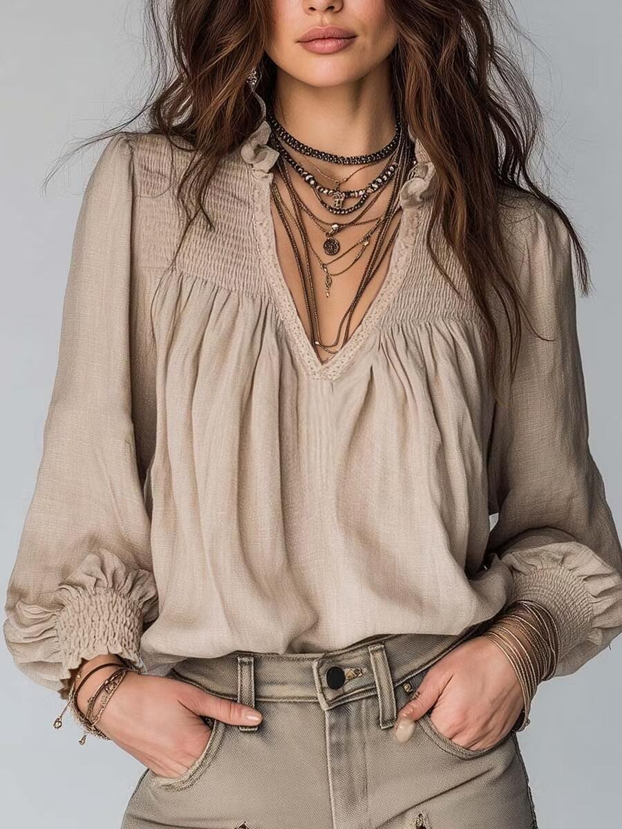 SHEIN Khaki Ruffle Shirred Lace Patchwork Lantern Long Sleeve Casual Boho Blouse For Women, Autumn Vacation - Khaki - View 1