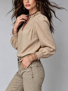 SHEIN Khaki Ruffle Shirred Lace Patchwork Lantern Long Sleeve Casual Boho Blouse For Women, Autumn Vacation - Khaki - View 4