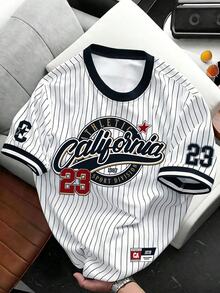 Manfinity Hypemode California No.23 棒球球衣經典校園復古黑白條紋短袖T恤，夏季街頭風城市度假時尚運動休閒 - 彩色 - 查看 1