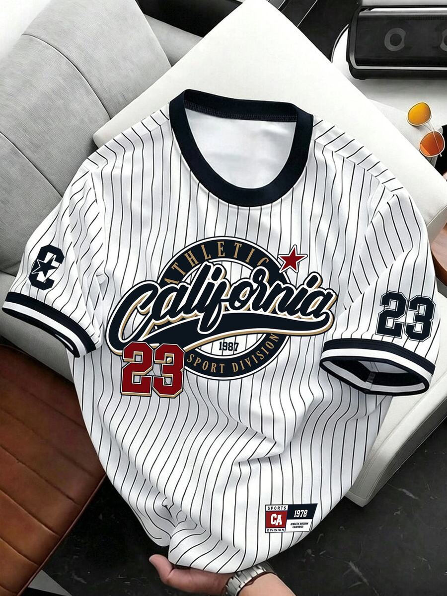 Manfinity Hypemode California No.23 棒球球衣經典校園復古黑白條紋短袖T恤,夏季街頭風城市度假時尚運動休閒 - 彩色 - 查看 1