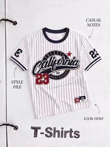 Manfinity Hypemode California No.23 棒球球衣經典校園復古黑白條紋短袖T恤，夏季街頭風城市度假時尚運動休閒 - 彩色 - 查看 5