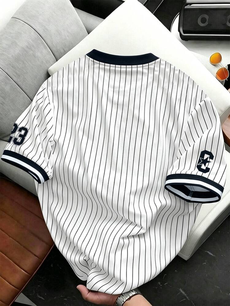 Manfinity Hypemode California No.23 Baseball Jersey Classic Campus Retro Black And White Striped Short Sleeve T-Shirt,Summer Streetwear City Break Fashion Sports Casual - Multicolor - View 2