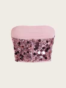 SHEIN ICON Y2K Style Glitter Tube Top, Sexy Party Clubwear - Baby Pink - View 2