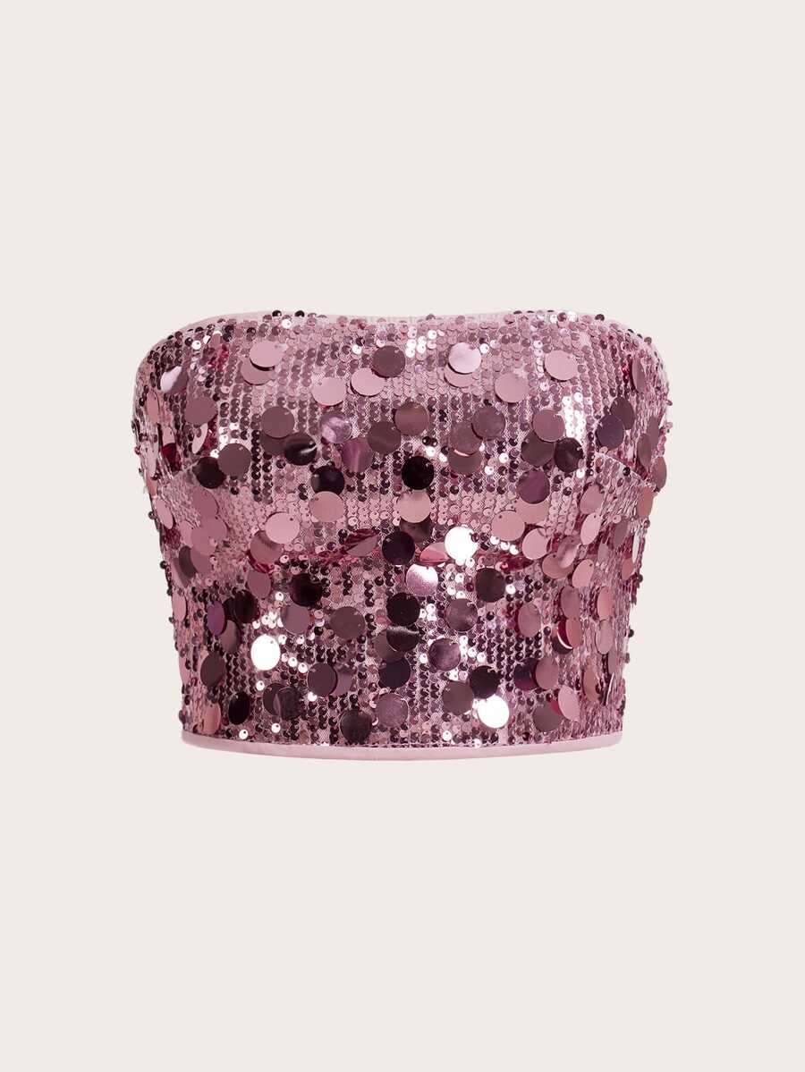 SHEIN ICON Y2K Style Glitter Tube Top, Sexy Party Clubwear - Baby Pink - View 1