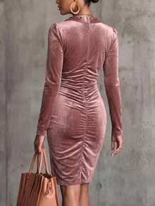 LUMIGAL Women's Early Autumn New Velvet Fabric Ruffle Collar Ruched Design Fitted Slit Long Sleeve Dress - Pink - View 2
