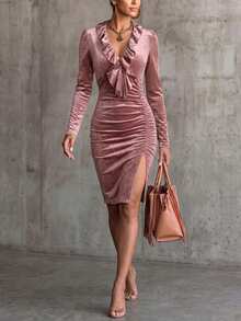 LUMIGAL Women's Early Autumn New Velvet Fabric Ruffle Collar Ruched Design Fitted Slit Long Sleeve Dress - Pink - View 3