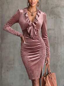 LUMIGAL Women's Early Autumn New Velvet Fabric Ruffle Collar Ruched Design Fitted Slit Long Sleeve Dress - Pink - View 5