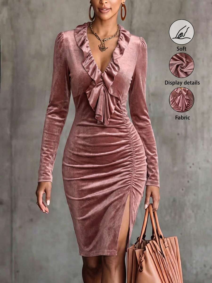 LUMIGAL Women's Early Autumn New Velvet Fabric Ruffle Collar Ruched Design Fitted Slit Long Sleeve Dress - Pink - View 1