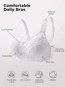 Bareli Dear Plus Size Wireless Thin Cup Lace Patchwork Non-Slip Wide Strap Comfortable Bra Single Pack - White - View 3