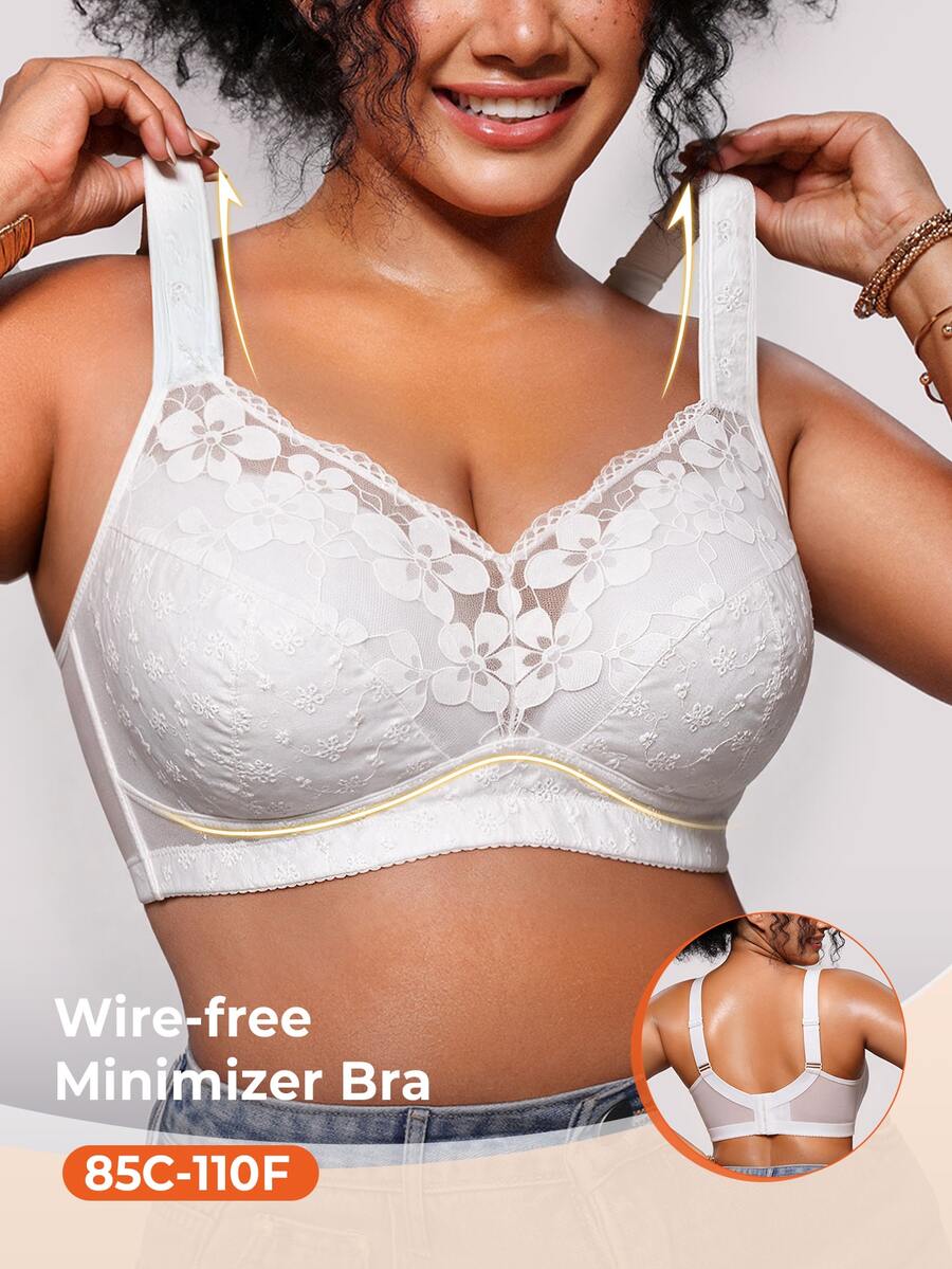 Bareli Dear Plus Size Wireless Thin Cup Lace Patchwork Non-Slip Wide Strap Comfortable Bra Single Pack - White - View 1