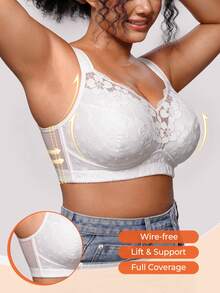 Bareli Dear Plus Size Wireless Thin Cup Lace Patchwork Non-Slip Wide Strap Comfortable Bra Single Pack - White - View 8