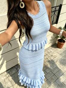 Modelyn Elegant Ruffle Hem Vest Top Long Design Banquet Wear Tank Dress Knit 2 Pieces Set - Baby Blue - View 3