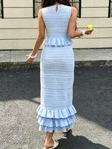 Modelyn Elegant Ruffle Hem Vest Top Long Design Banquet Wear Tank Dress Knit 2 Pieces Set - Baby Blue - View 2