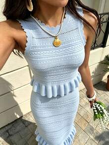 Modelyn Elegant Ruffle Hem Vest Top Long Design Banquet Wear Tank Dress Knit 2 Pieces Set - Baby Blue - View 5