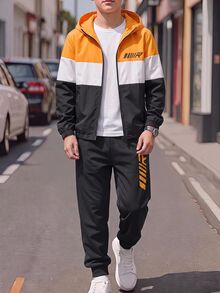 SHEIN 2件組兒童青少年男孩休閒日常舒適拼接撞色連帽開襟寬鬆長袖外套與寬鬆慢跑褲梭織兩件套，適合通勤、上學、日常休閒、度假旅行、運動，秋冬穿著 - 黑色 - 查看 5