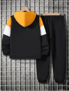 SHEIN 2件組兒童青少年男孩休閒日常舒適拼接撞色連帽開襟寬鬆長袖外套與寬鬆慢跑褲梭織兩件套，適合通勤、上學、日常休閒、度假旅行、運動，秋冬穿著 - 黑色 - 查看 3