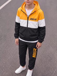 SHEIN 2件組兒童青少年男孩休閒日常舒適拼接撞色連帽開襟寬鬆長袖外套與寬鬆慢跑褲梭織兩件套，適合通勤、上學、日常休閒、度假旅行、運動，秋冬穿著 - 黑色 - 查看 4