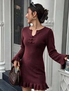 Flora Isola Flora Isola Elegant Round Neck Ruffle Hem Long Sleeve Design Women's Sweater Dress - Burgundy - View 3