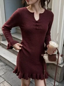 Flora Isola Flora Isola Elegant Round Neck Ruffle Hem Long Sleeve Design Women's Sweater Dress - Burgundy - View 6